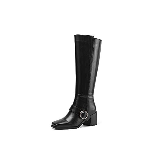 Tinacus Square Toe Handmade Buckle Genuine Leather Chunky Heel Side Zip Up Women's Trendy Knee High Boots(Black, Us8) #TOP30