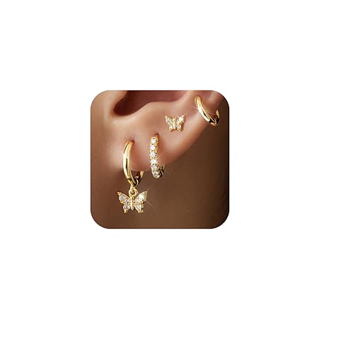 Gold Butterfly Earrings for Women,Huggie Small Stack Cartilage Stud Hoop Earring Sets for Multiple Double Piercing, Conch Helix Rook Tragus Daith Piercing Gold Clip On Jewelry Set Gifts