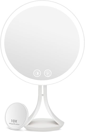 Auxmir Espejo Maquillaje con Luz Recargable 2000mAh, Espejo Sobremesa con USB, Control Táctil, con Espejo Aumento 10X, 3 Colores y Brillo Regulable, para Afeitado Cuidado Facial, Blanco