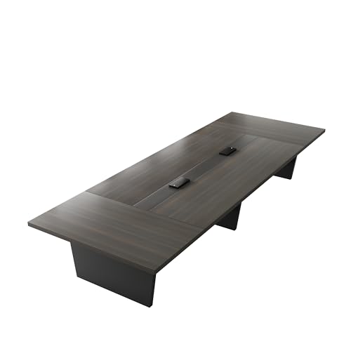 Huariifowm 10FT Conference Table for 8-10 People, Large Rectangular Boardroom Meeting Table with Built-in Power Outlets, USB-C Ports, 2' Thick Tabletop & Heavy-Duty Base, Smoked Walnut + Gray