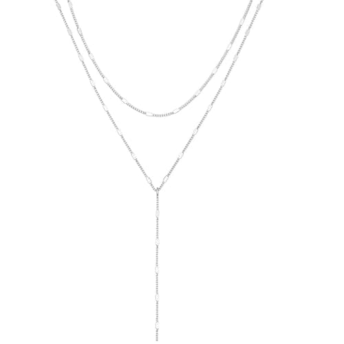 EnixwH Cadena Plata Mujer, Collar Mujer en Forma de Y Largo Collarcadena Plata Doble Capa Delgado, Collares Plateado Ajustable, Joyas Personalizado para Regalo para Novia o Madre