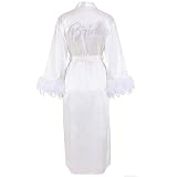 Tkifoda Bride Robe with Feather for Wedding Day Bridal Satin Robe Sexy Silk Bride Bathrobe Wedding Party Getting Ready Outfit (Long)