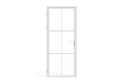 Bloc porte réversible en aluminium blanc et verre trempé - Dimensions : hauteur 204 cm x largeur 83 cm - cadre et huisserie inclus - poussant gauche ou droit au choix - porte intérieure battante blanche - verre trempé transparent 5 mm - SEROTO