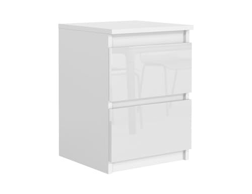 MebLocker Table de Chevet Blanc avec des Façades Brillantes 40x39x55cm - Chevet de Lit pour la Chambre à Coucher - Moderne Table de Nuit - Decoration Chambre...