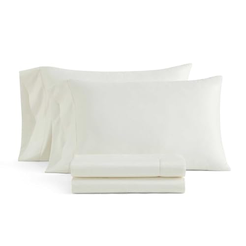 Martha Stewart - Queen Sheet Set, 100% Cotton Sateen Bed Sheets, Soft and Smooth, Breathable with a Silky Feel, Deep Pocket Fit, Classic Elegance White
