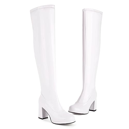 LYYSKY Womens Fashion 8.5CM High Heels Round Toe Side Zipper Over The Knee Boots Concise Platform Thigh High Boots 529-8 Black White Red Gold Silver US4-US152