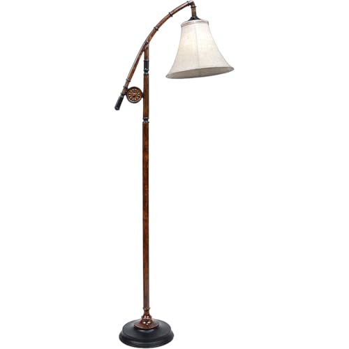 BLACK FOREST DECOR - Fishing Pole Floor Lamp with Linen Shade, Cast Resin Construction - Vintage Lakeside Style - 19