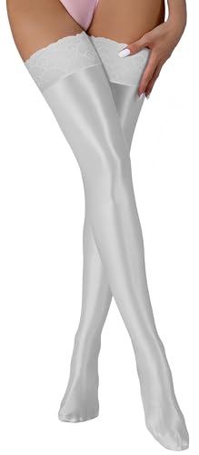 FEOYA Bas Autofixants Brillant pour Femme Dentelle Bas Autofixant Femme Sexy Brillant Lingerie Party Club Cosplay Blanc une taille