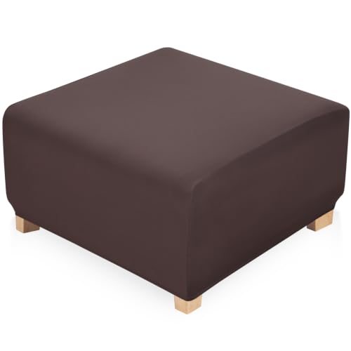 Image of YISUN Super Stretch Square Ottoman Cover - Soft Form Fit Ottoman Slipcover for Foot Stool & Folding Storage, Washable Furniture Protector with Non-Slip Elastic Bottom (L, Coffee)