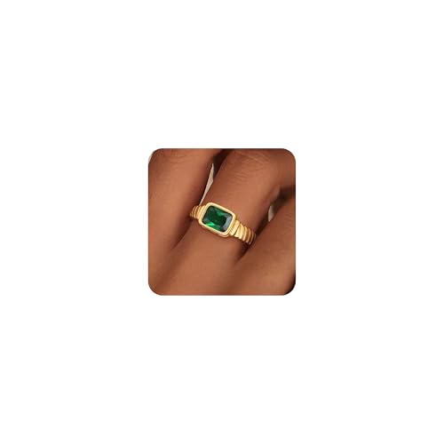 ZHESHY Birthstone Gold Rings for Women Non Tarnish Vintage Gemstone Emerald Green Rings 14K Gold Plated CZ Signet Thumb Band Rings Jewelry Gift for Birthday Size 8