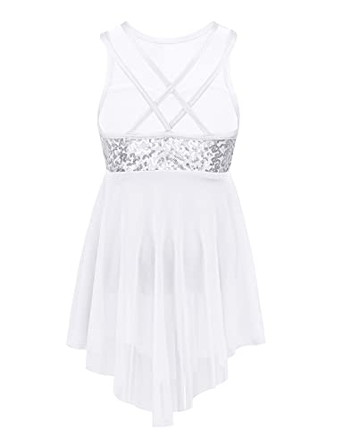 Vastwit Kids Girls Latin Dance Sequined Irregular Hems Tulle Dress Sleeveless Ice Figure Skating Leotard White 12 #TOP1