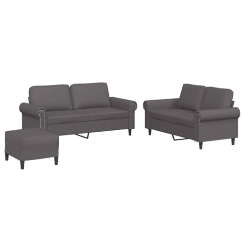 vidaXL Sofagarnitur 3-TLG., Sessel Couch mit Kissen Fußhocker, Sofa Wohnzimmersofa mit Armlehnen, Couchgarnitur Designsofa Sitzmöbel Polstermöbel, Grau Kunstleder