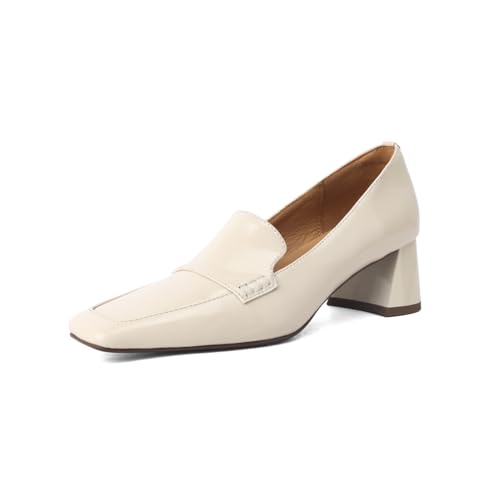 Image of TinaCus Women's Square Toe Genuine Leather Handmade Chunky Heels Slip-on Casual Loafers Shoes