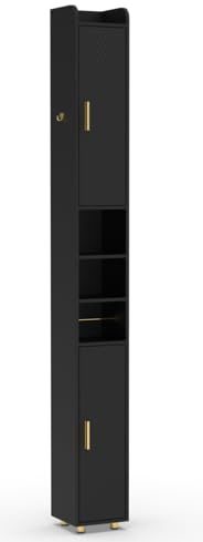GOPLUS Mueble de Columna para Baño, Mueble Alto de Ahorro de Espacio para Baño, Alto y Estrecho de Pie, con 2 Puertas, Portarrollos para Papel Higiénico, Estante Ajustable en 3 Niveles (Negro)