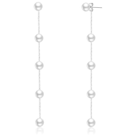 PABBEU Silver Long Pearl Earrings for Women Hypoallergenic 925 Sterling Silver Pearl Stud Earrings Elegant Pearl Drop Earrings Wedding Pearl Tassel Chain Dangle Earrings for Women Bridal 4/5/6mm Cover