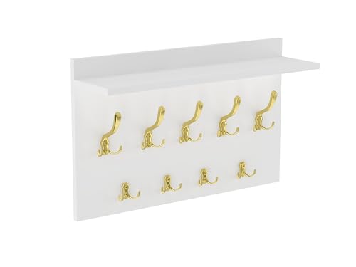 HWS FURNITURE Wandgarderobe Weiß mit 9 Golden Haken, Wandregal, Wandmontierte Garderobe für Flur, Schlafzimmer, Büro, Loft-Stil