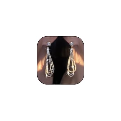 Cubic Zirconia Pearl Long Tassel Dangle Earrings Rhinestone Waterdrop Shape Tassel Drop Earrings Fashion Wedding Jewelry for Women Gifts (Silver) Cover