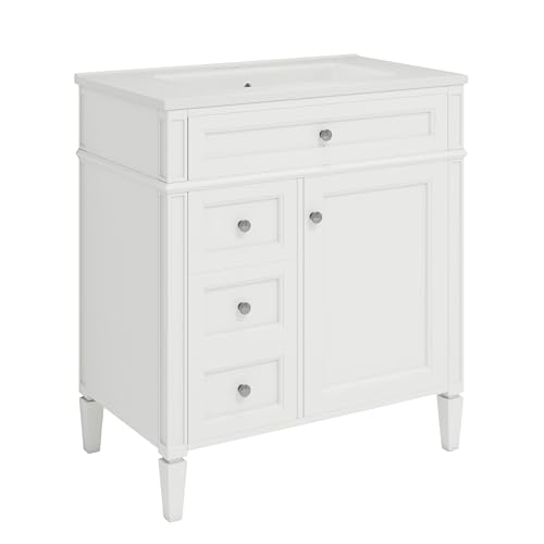 Linique 30" Bathroom Vanity with Sink Combo Set, Solid Wood Frame Modern Bathroom Storage Cabinet with 2 Drawers and a Tip-Out Drawer, Soft Closing Cabinet Door with Organizer, White