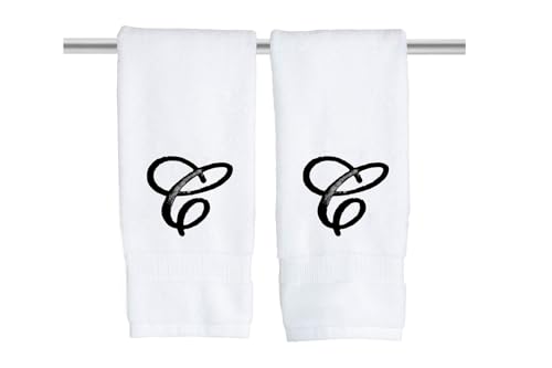 Decorvo White Monogrammed Hand Towels for Bathroom - Luxury Hotel Quality Personalized Initial Embroidered Towel for Powder Room, Spa - GOTS Organic Certified - Set of 2 Black Letter C