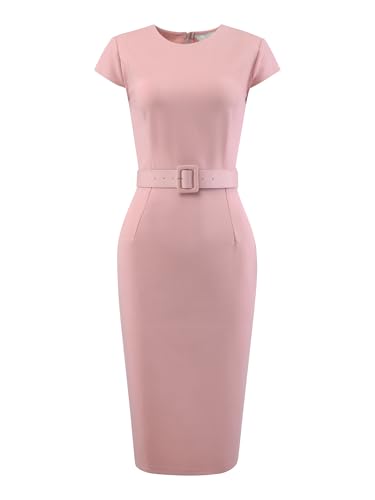 Hobemty Damen Kurzarm Kleid Bleistiftkleid Flügelärmel Gürtel Arbeit Minikleid Etuikleid Rosa M