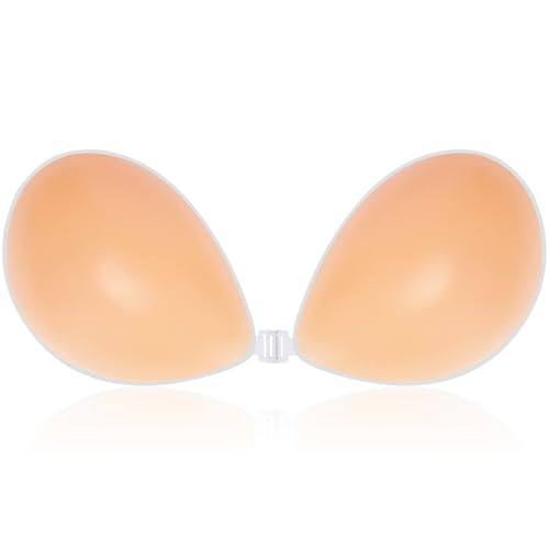 CatoFree Push Up Stick On Bra Reusable Sticky Adhesive Silicone Bra with 2Pcs Nipple Covers for Evening Dress Wedding Dress and Backless Strapless Clothing (UK Cup & Band D Beige)