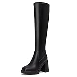 Athlefit Black Knee High Boots for Women Platform Chunky High Heel Tall Boots Square Toe Fashion Dress Long Heeled Booties Size 7.5