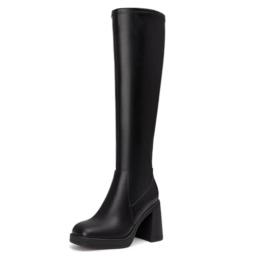 Athlefit Black Knee High Boots for Women Platform Chunky High Heel Tall Boots Square Toe Fashion Dress Long Heeled Booties Size 7