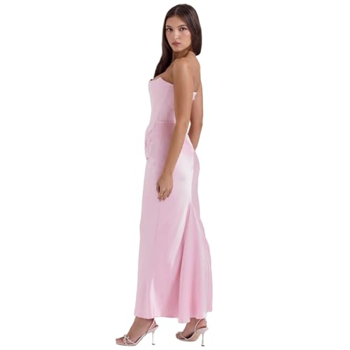 Image of ANKOMINA Women's Strapless Boned Corset Satin Dress Sexy Backless Pleated Stitching Dresses for Wedding Cocktail