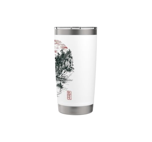 Paysage japonais vintage lac montagne rétro coucher de soleil art Gobelet isotherme en acier inoxydable double paroi – vue 2