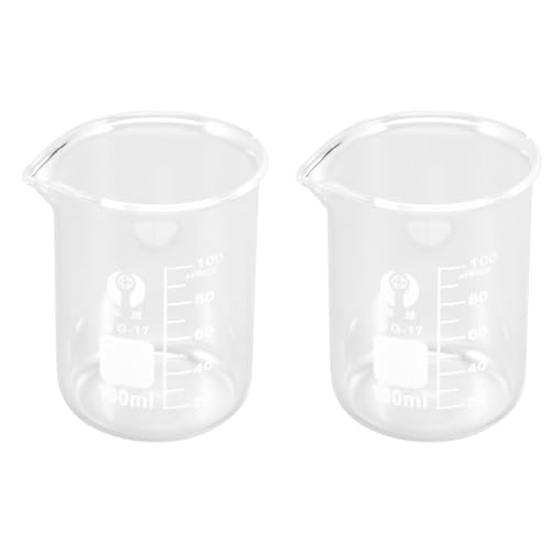 TEHAUX 2pcs Glass Beaker, 100ml Graduated Borosilicate Measuring Cup Chemistry Beaker with Spout Small Cup Equipment for Lab Glassware Scale Liquid Measurement
