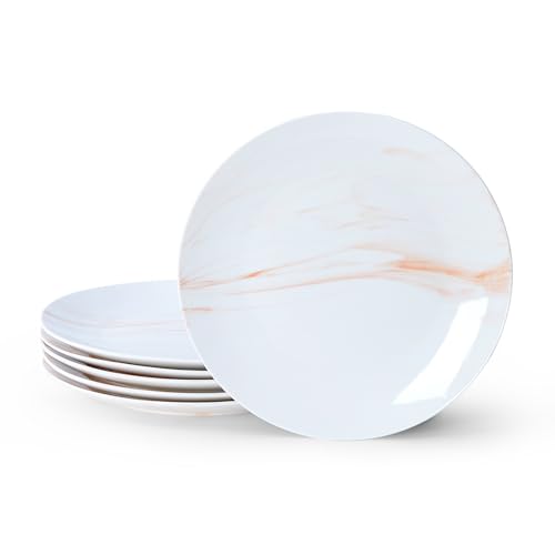 bestone Dinner Plates, 10.5 Inch Plates Set of 6, Porcelain Round Dessert Salad Dinner Plates, Serving Dishes for Kitchen, Dishwasher, Microwave, Freezer, Oven Safe, Marble Orange