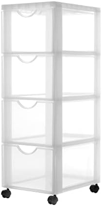 Iris Ohyama, Storage tower, Plastic organizer, 4 drawers, 15 L, Ergonomic handles, Solid, Wheels, A4 format, Office, Bedroom, Living room, Bathroom - DDDC-304 - Frosted white