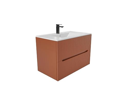 Vente-unique-Mueble de baño Flotante con Lavabo Empotrado - Estriado Terracota - 80 cm - PAVANI
