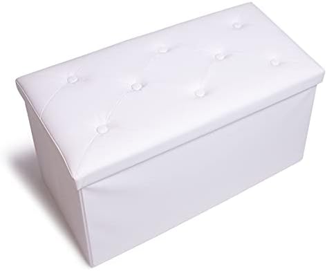 YQYS 30 Inches Rectangular Ottomans, Foldable Footrest with Sponge Padded Seat, 80L Faux Leather Chest with Cover, Folding Storage Bench for Hallway and Living Room Support 350bls White