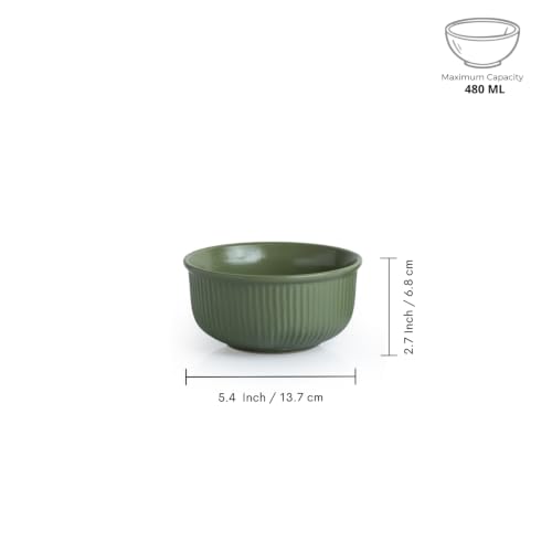 Image of ExclusiveLane 'Sage Ribbed' Hand Glazed Ceramic Bowls for Serving Bowl Set (Set of 4, 480 ml, Microwave Safe, Dishwasher Safe, Green) | Kitchen Bowl Ceramic Serving Bowls for Snacks Serveware