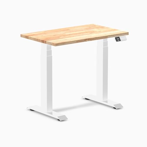 Image of Desky Small Electric Standing Desk, 32 x 20 inches Rubberwood Height Adjustable Sit Stand Desk with Dual Motor and Memory Presets, Compact Home Office Workstation - Natural Wood Top