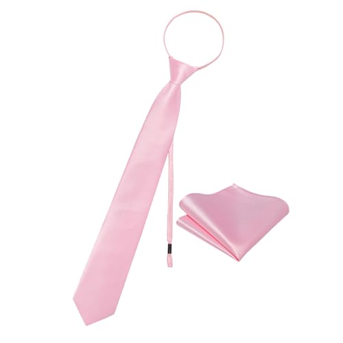 Image of YourTies Zipper Tie for Men Adjustable Pre-tied Satin Neckties and Pocket Square Set Solid Color Business Formal Wedding