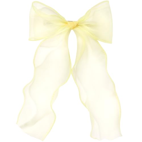 STSTR Large Hair Bow Clips Yellow Silk Yarn Ribbon Bow Hair Barrette for Women Elegant Long Tail Bowknot French Hairstyles Accessories for Wedding Parties Festivals - Style 4 1pcs