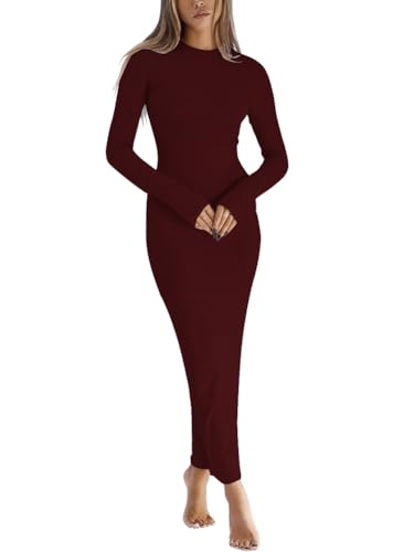 LACOZY Langärmeliges Midi-Kleid, sexy, figurbetont, Bleistiftkleider, formell, Cocktailkleid, Hochzeit, Party, langes Kleid, burgunderfarben, M