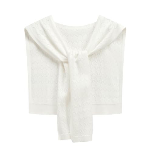 TwizzTop Knit Shawl Wrap for Women, Lightweight Knotted Sweater Shoulder Wrap, Fashion Open Diamond Knit Layering Accessory Scarf for Dress, Travel, Casual and Work,White