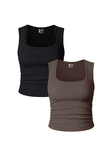 Image of OQQ Womens 2 Piece Crop Tops Rueched Sleeveless Square Neck Stretch Basic Tank Shirts