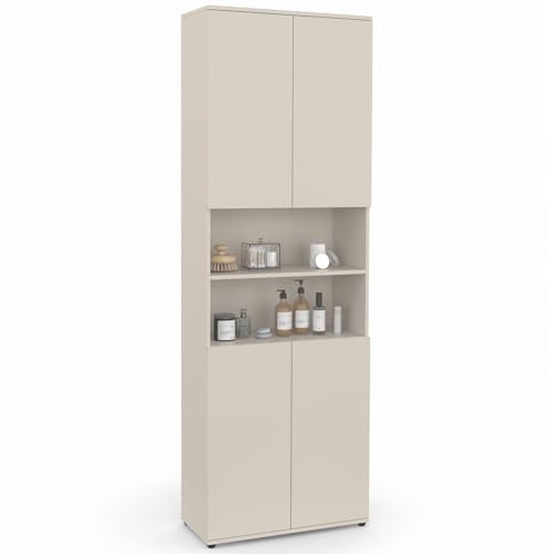 IDMarket - Meuble Armoire Colonne Salle de Bain TOMI 4 Portes 2 niches Bois Beige