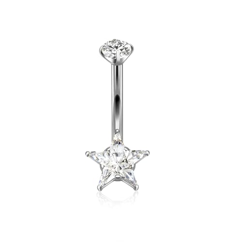 Titanium Belly Button Ring 14G Curved Barbell – Hypoallergenic Navel Piercing Jewelry with Multi-Texture Zircon (Flower,Star,Snowflake,Petal) – 10mm Luxury Floating Belly Button Piercing (Star Silver)