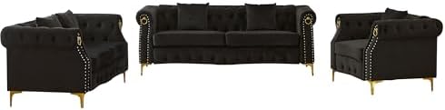 3-Piece Living Room Sofa Set,Velvet, Tufted Design with Gold Metal Legs, Nailhead Trim (Black) 3-Piece Living Room Sofa Set,Velvet, Tufted Design with Gold Metal Legs, Nailhead Trim (Black)