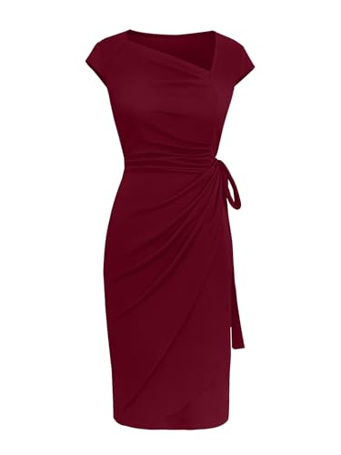 Image of Women's Vintage Cap Sleeves Asymmetrical Neckline Sheath Bodycon Casual Work Cocktail Party Pencil Faux Wrap Dresses