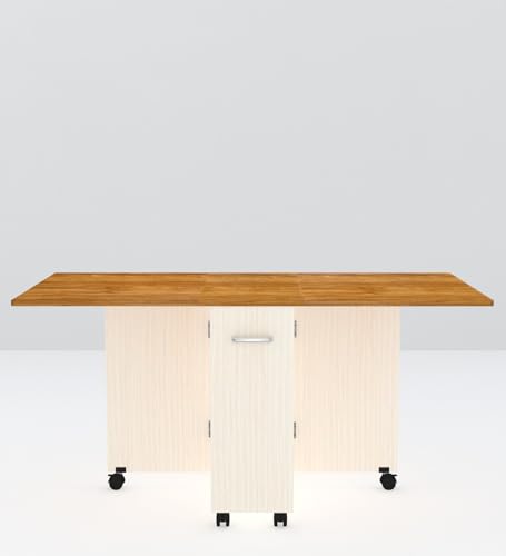 Image of SPECIALITY PANELS Folding Dining Table with Storage Cabinet, 6 Seater, Wood Top with Cream Base, 149x74x76 cm, Rolling Kitchen Island with Wheels