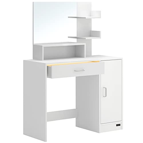 CASARIA Coiffeuse Jocelyn Blanc tiroir LED Table de Maquillage avec Miroir Chambre Dressing unité de Rangement Armoire