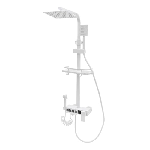 Sistema de ducha de lluvia con grifo, grifo de ducha, juego completo con 4 salidas, alcachofa de mano, juego de ducha para baño y hotel con pantalla LED (blanco)