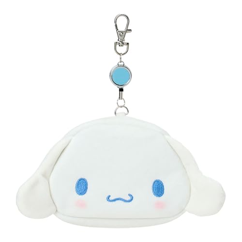 Sanrio 303291 Face Shape Pass Case & Pouch, Cinnamo Roll, Cotton, PVC, Steel, Polyester, Commuter Pass with Reel Included, Storage for Small Items, Ages 15 and Up