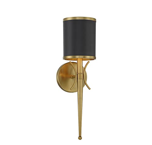 Image of Savoy House 9-9944-1-143 Quincy Modern Vintage Traditional Metal Wall Sconce, 1-Light 60 Watt, 19 inch H x 5 inch W, Matte Black with Warm Brass